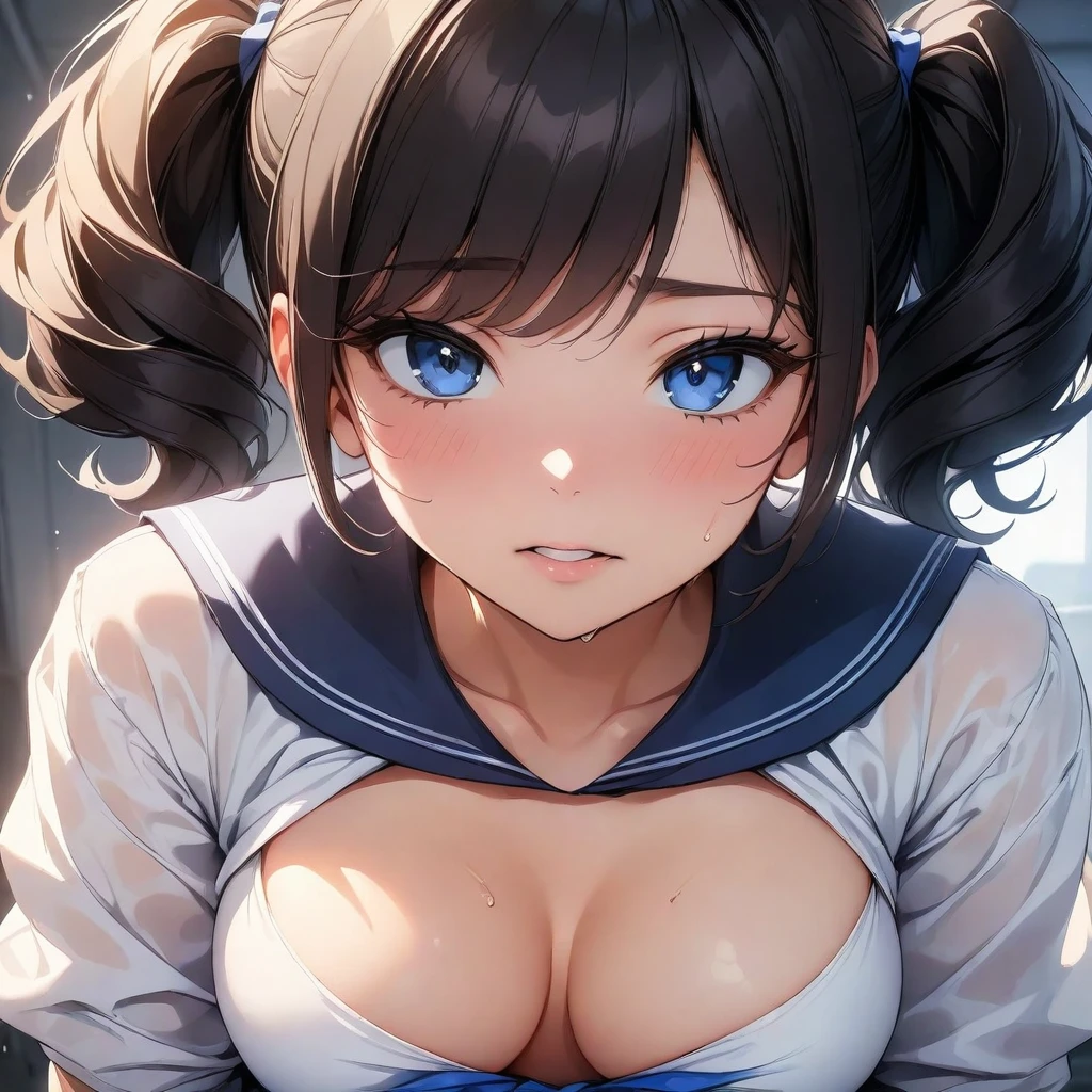 20 years old,1 girl, extremely thick thighs, hyperrealistic, 8k, (extremely detailed 8k), (very delicate and beautiful), (masterpiece), (better quality:1.0), (ultra high resolution:1.0), (masterpiece, best quality), cute,black hair,big breasts,leaning forward,ponytail,upper body,POV,breast hold,overalls,bust shot