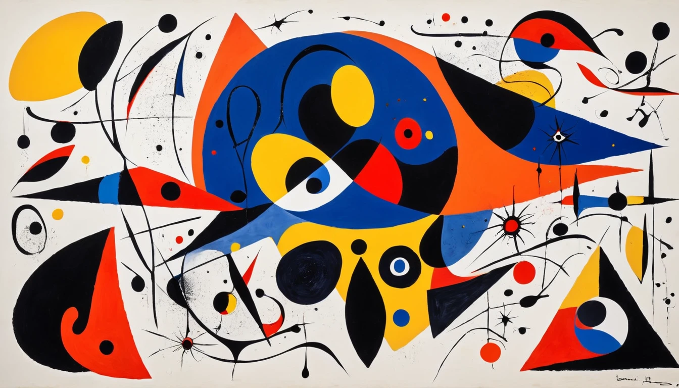 Create a painting in the style of Joan Miró, Element Transformation，Mainly red, orange, Dark Blue, black and white