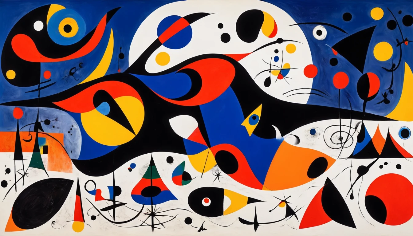 Create a painting in the style of Joan Miró, Element Transformation,Mainly red, orange, Dark Blue, black and white