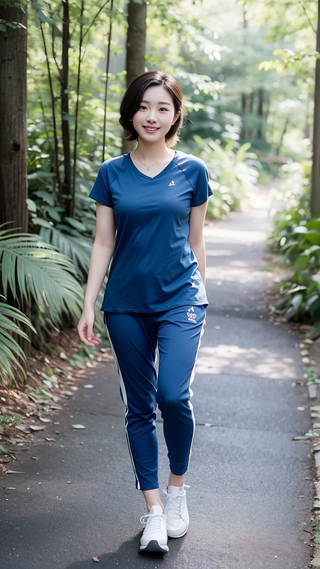 masterpiece, best quality, Surreal, Ultra Detailed, 8k resolution, RAW photos, Clear focus, (A girl in the forest), ((navy blue shirt:1.1)), Short sleeve, Long sweatpants,Full body posture, Solitary, Perfect body, Become a, 32 inches in the chest,(a charming smile:1), (sexy pose),26 years old, light,White shoes