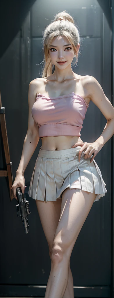 (Top quality,Ultra HD,lifelike: 1.4)(Cowboy Shooter 1),A beautiful armed girl, (K-Pop Idol) ,Detailed face,opposition,Perfect anatomy,Smooth skin,Professional lighting, ((Wearing a pink belly-baring tube top,White ultra-short pleated skirt,White sneakers,Wearing a high ponytail,High-tech headphones,Soak all over),(((aiming at viewer,holding pistol,handgun))),Victory in battle,Smile of victory(background,meeting room) ) ,Full body close-up
