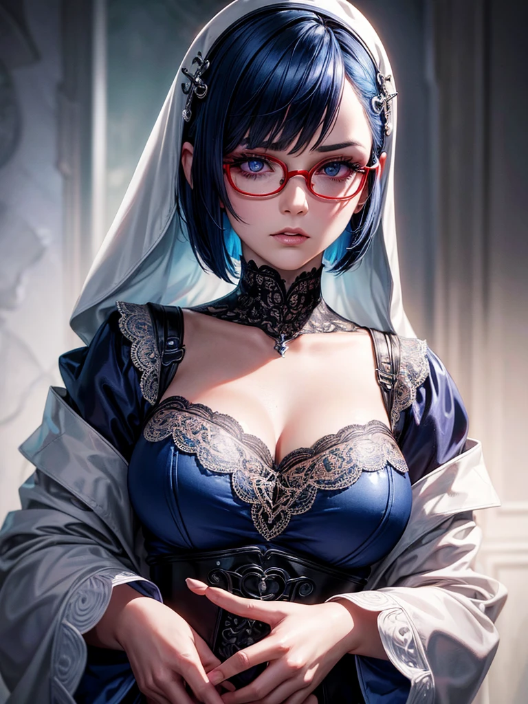 woman with blue bob haircut, baggy white clothes, gothic tattoos, male gangster priest with round red glasses, bored expressions, best quality, 4k, 8k, highres, masterpiece, ultra-detailed, realistic, photorealistic, photo-realistic, HDR, UHD, studio lighting, ultra-fine painting, sharp focus, physically-based rendering, extreme detail description, professional, vivid colors, bokeh, portraits, photography, cinematic lighting, beautiful detailed eyes, beautiful detailed lips, extremely detailed eyes and face, longeyelashes