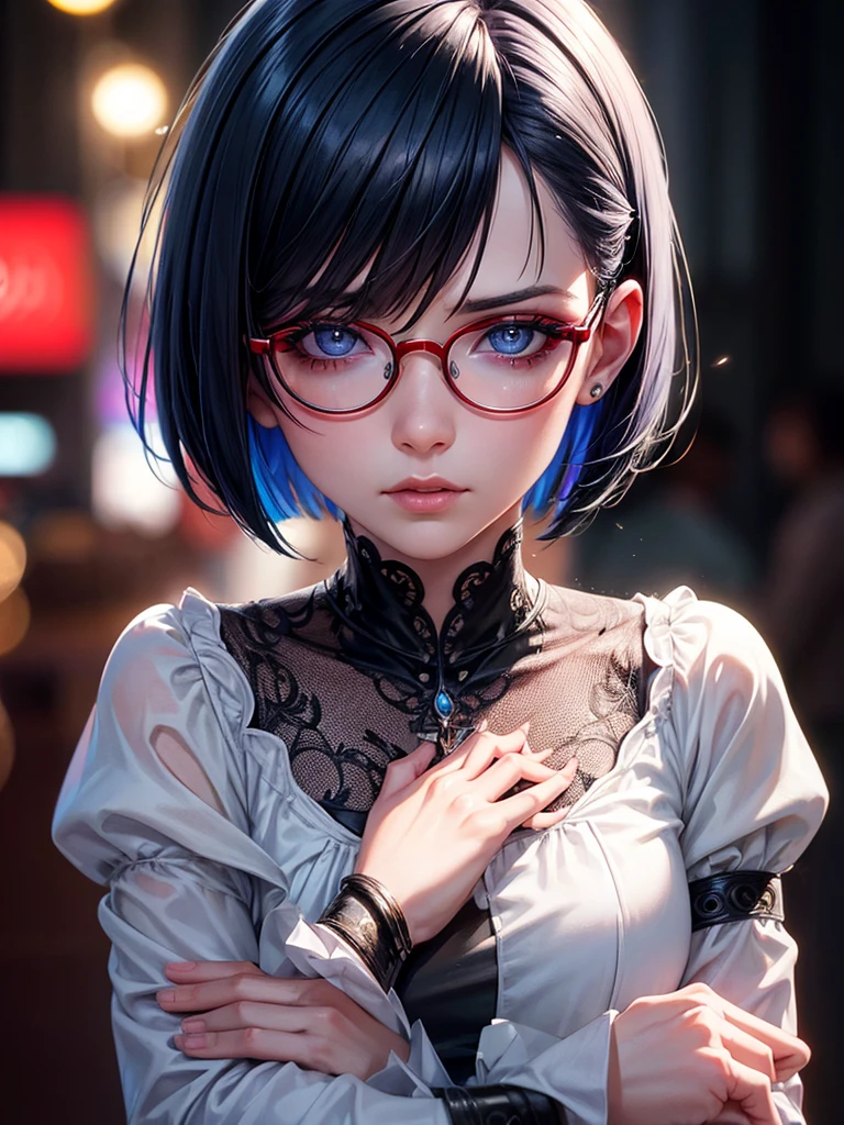 woman with blue bob haircut, baggy white clothes, gothic tattoos, male gangster priest with round red glasses, bored expressions, best quality, 4k, 8k, highres, masterpiece, ultra-detailed, realistic, photorealistic, photo-realistic, HDR, UHD, studio lighting, ultra-fine painting, sharp focus, physically-based rendering, extreme detail description, professional, vivid colors, bokeh, portraits, photography, cinematic lighting, beautiful detailed eyes, beautiful detailed lips, extremely detailed eyes and face, longeyelashes