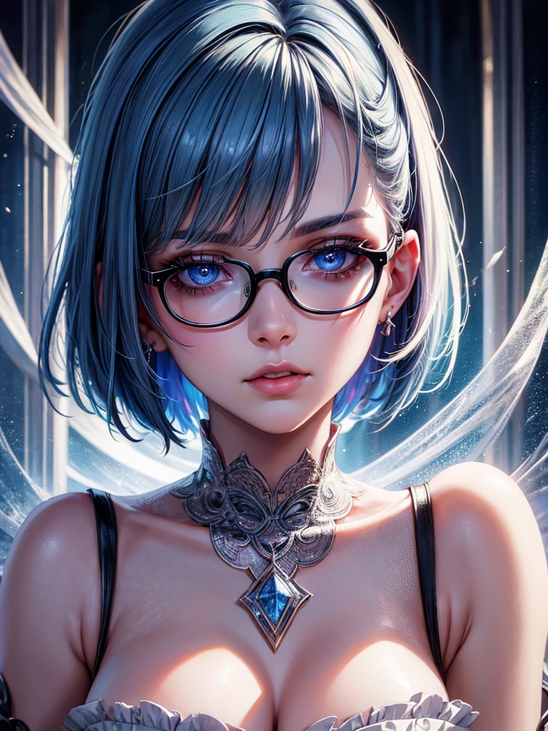 woman with blue bob haircut, baggy white clothes, gothic tattoos, male gangster priest with round red glasses, bored expressions, best quality, 4k, 8k, highres, masterpiece, ultra-detailed, realistic, photorealistic, photo-realistic, HDR, UHD, studio lighting, ultra-fine painting, sharp focus, physically-based rendering, extreme detail description, professional, vivid colors, bokeh, portraits, photography, cinematic lighting, beautiful detailed eyes, beautiful detailed lips, extremely detailed eyes and face, longeyelashes