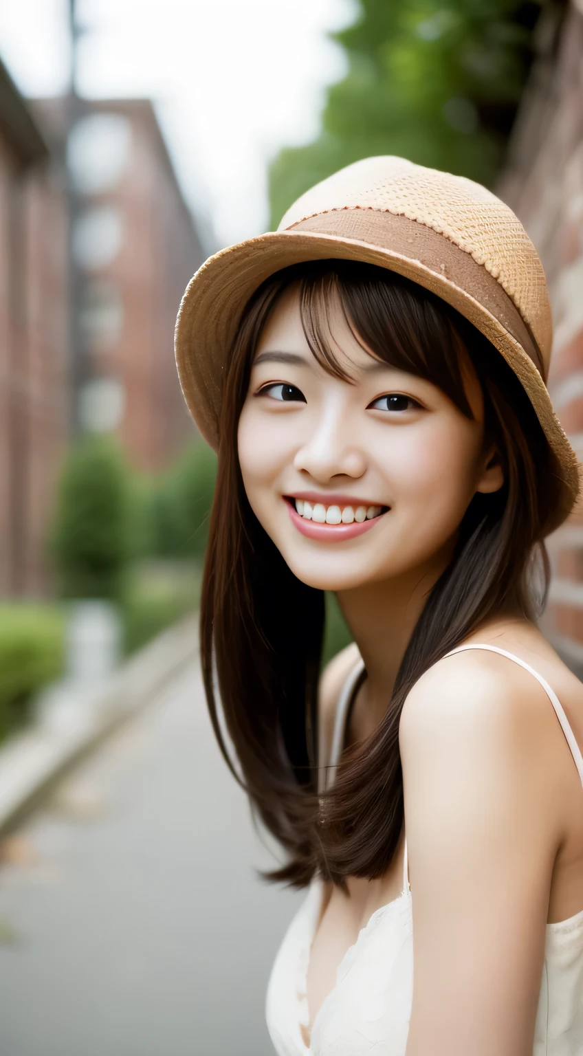 masterpiece,best quality,(Japanese ),((Beautiful girl)),cleavage,(perfect body beauty:1.2),(shy smile),beautiful teeth,(hat),(Blurred background of brick buildings),