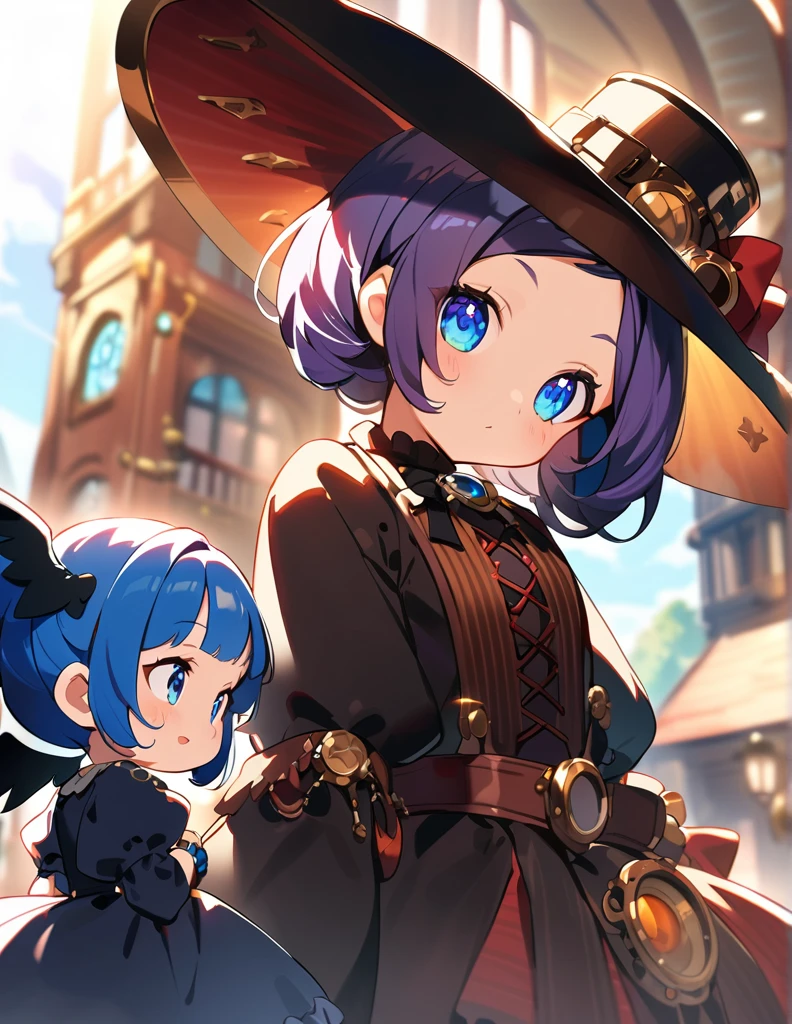 Two cute little dark angel girls with blue, blue hair are close friends in a steampunk town. two cute 6 year old dark angel girls, big attractive eyes and long eyelashes. They are wearing cute steampunk dresses with lots of ribbons, lace and frills. Noble, big big jet black wings and black angel rings. Fantastic light-filled world with watercolor and moe anime textures, cute, soothing, steampunk background and steampunk world, high angles, highest quality, best picture quality.