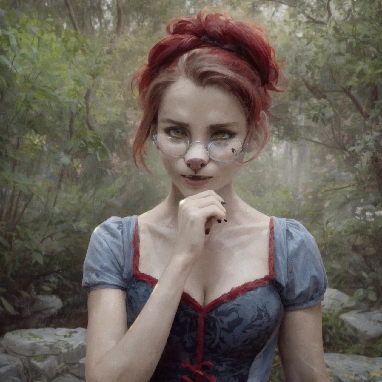breathtaking (best quality, masterpiece, detailed, 8k)
RAW, realistic cinematic photo, Angelic female anthro furry jackal, bard, detailed fur, red fur, narrow muzzle, sultry yellow eyes, slit pupil, red hair, Textured long bob, black nails, wearing ornate robes, opulent magical equipment, green hooded cloak, small round glasses, carrying spell book, dynamic action pose, close up, A gate composed of interwoven vines and flowers, representing the connection between nature and magic, casting spells, defending against attackers, posed in misty forest battle, Mesmerizing (Radiant Aura:1.2), shot from dynamic angle, (masterpiece, award-winning, professional, HDR)