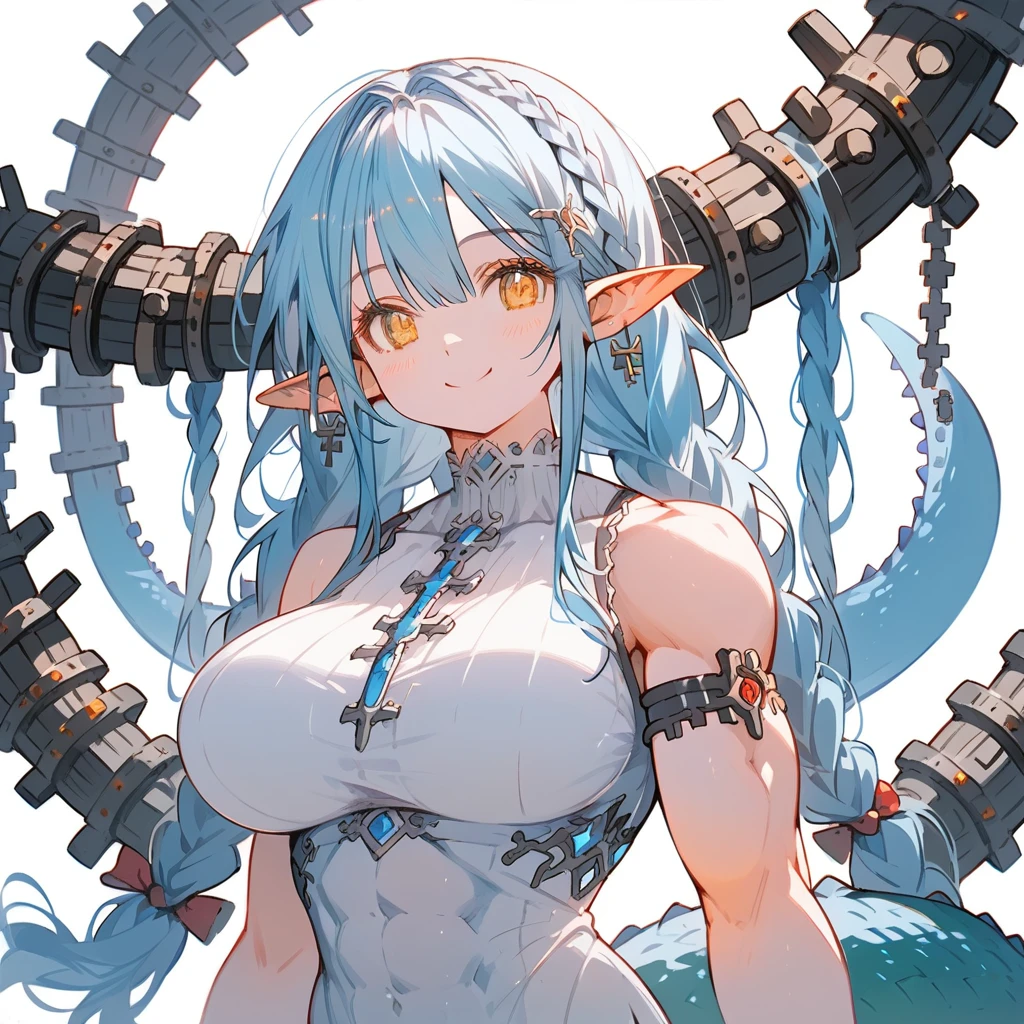 (beautiful and aesthetic:1.2), (1girl), extreme detailed,(fractal art:1.3), icon, cute young girl, light blue hair, long hair, small braids hair, yellow eyes, elf ears, dragon tail, dragon thorn, muscular body, big breast, smile
