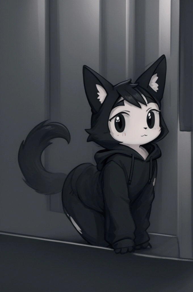 Cat, feral, cute cat, rear view, tail up, looking back, black cat, female, sitting, hourglass figure