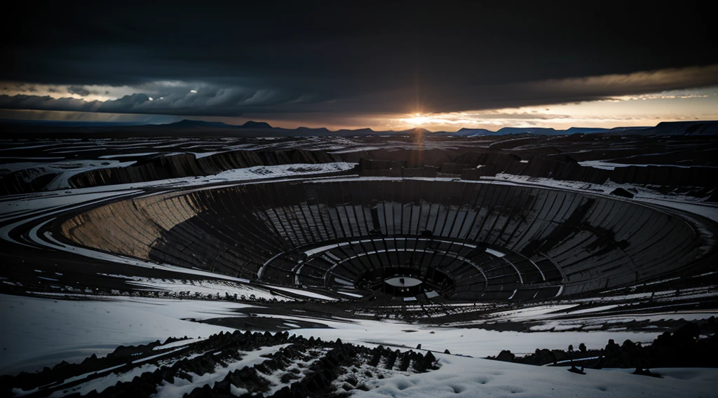 masterpiece, dark art, black sky, ash-covered sky, giant abandoned quarry, tundra
