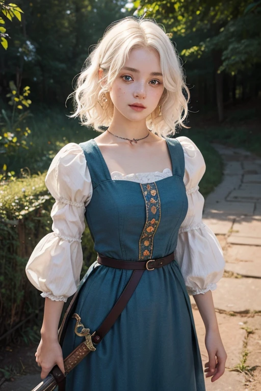a young girl of 18 years, with , He has short, curly white hair.. she is very pretty, with Slavic skin and freckles, and she is wearing a long orange dress from the Victorian era. It is located on a hill, holding a medieval sword.