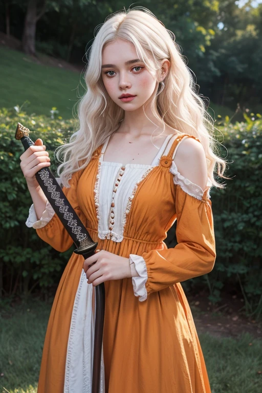 a young girl of 18 years, with , He has short, curly white hair.. she is very pretty, with Slavic skin and freckles, and she is wearing a long orange dress from the Victorian era. It is located on a hill, holding a medieval sword.