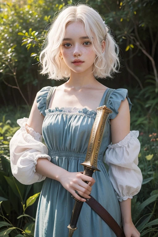 a young girl of 18 years, with , He has short, curly white hair.. she is very pretty, with Slavic skin and freckles, and she is wearing a long orange dress from the Victorian era. It is located on a hill, holding a medieval sword.