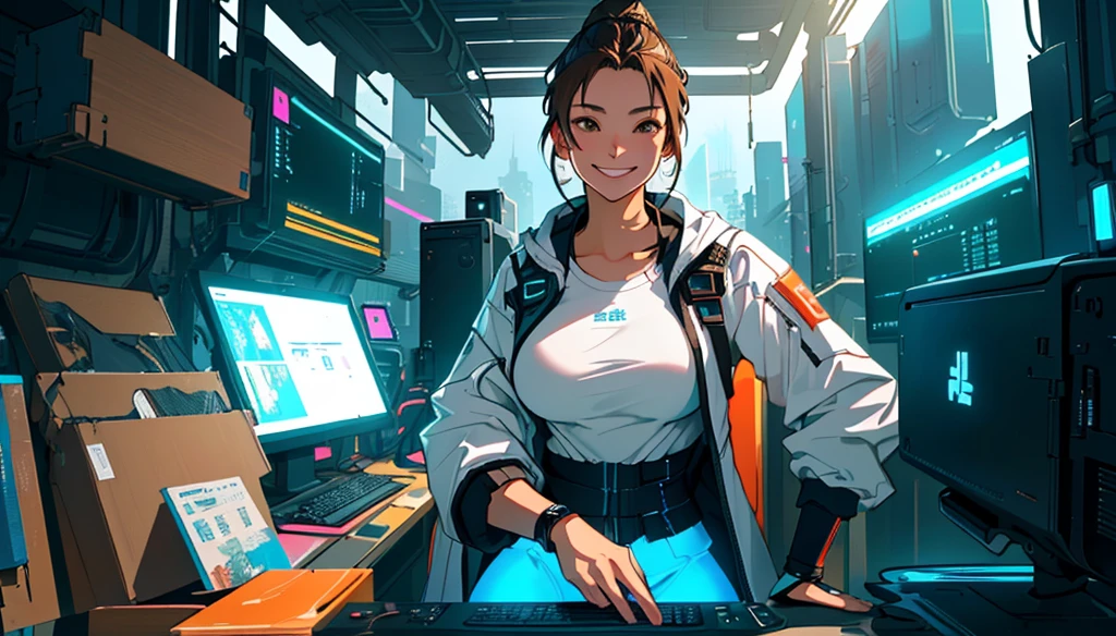 Brown Hair、(Huge breasts)、entrepreneur、Highest quality,masterpiece,original,Plain background,View your viewers,1人のwoman,(alone:1.5),woman,woman、Wearing a cyberpunk costume, Filling this vibrant and colorful scene.smile、It expresses strength and underlying joy....。 This digital illustration is rendered in high resolution...., Artstationではアニメジャンルのmasterpieceとして話題になっている