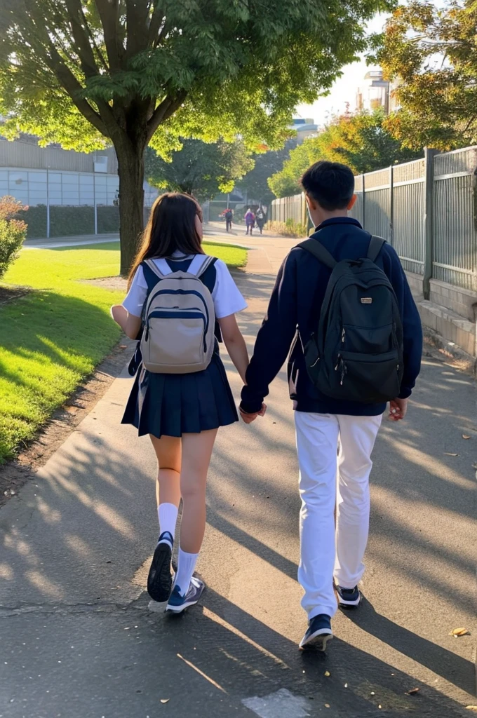(A girl in a school uniform and a boy in a school uniform walk hand in hand on the runway in the school playground), and many students in the playground behind are playing games, with the sky in the background and the angle is right front