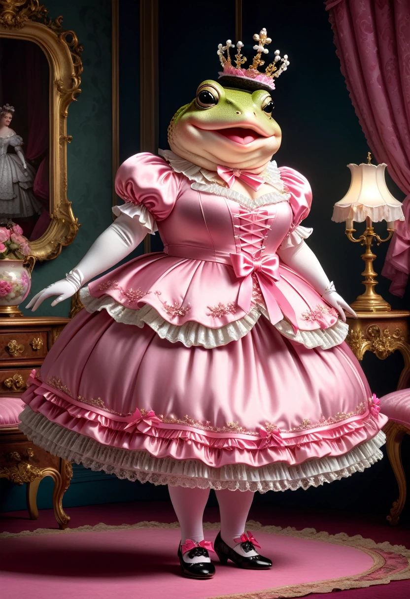  photorealistic portrait of Dressed animals-a ((fat)) ((toad)) princess,(), (elegant pose:1.5), (hands on hips:1.5),(smile:1.5),high quality,(),(lovely) ,intricate details, Wearing Gothic & ****ta pink dress , ( brim on head), highly detailed ((dress with  frills and ribbon)) ,highly detailed accessories, high sox , (happy), soft lighting,(full body image:2.0),in  Rococo style room background,,score_9, score_8_up, score_7_up, score_6_up, score_5_up, score_4_up,