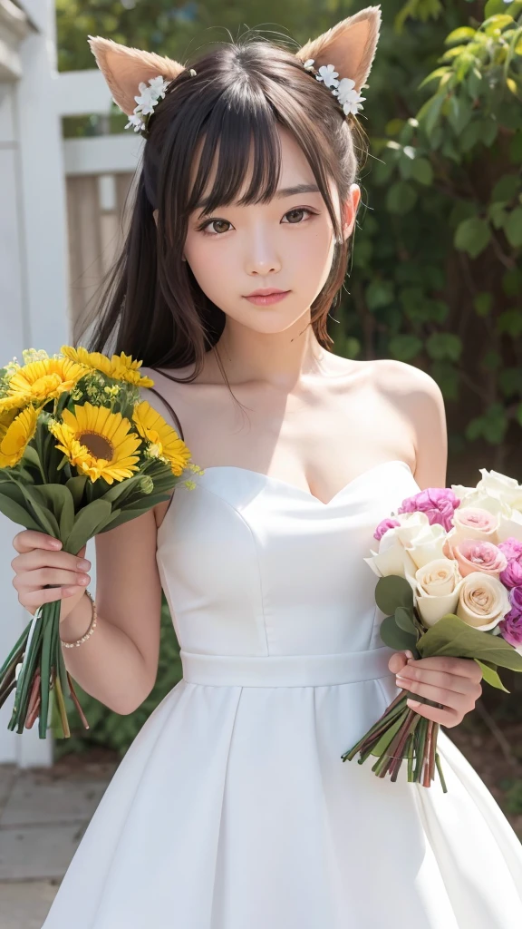 Beautiful actress Dog ears dress holding a celebratory bouquet