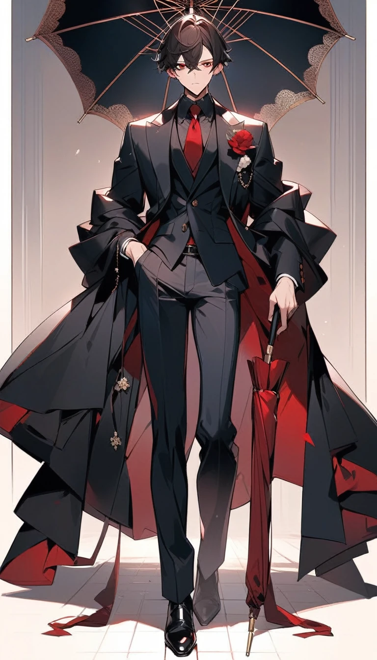 masterpiece，The best quality at its best、Lightless Eyes、Lightweight black coat、Leather shoes、Brown Hair、Holding an umbrella、Red eyes、Eyes are thin、whole body、Standing posture、suit
