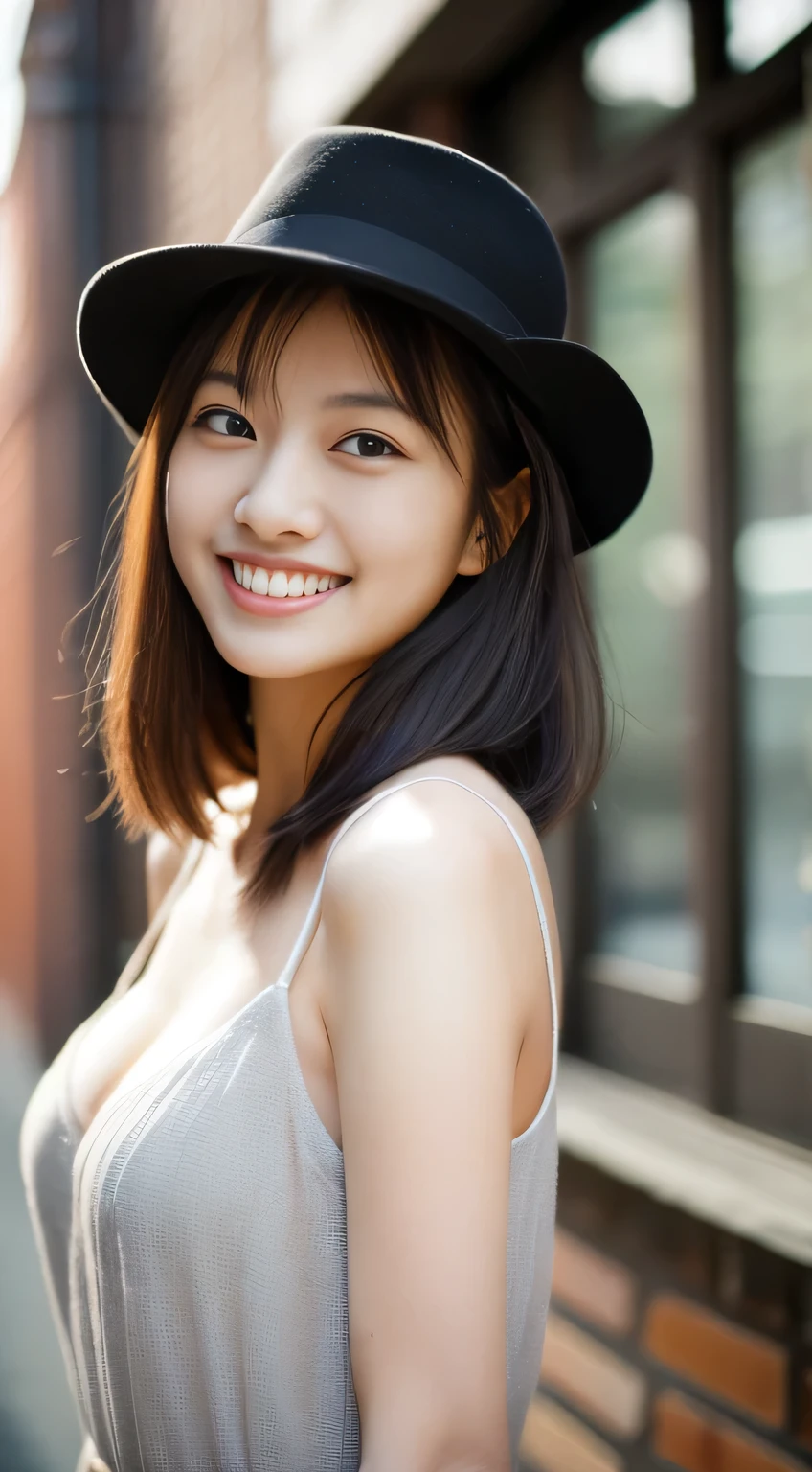 masterpiece,best quality,(Japanese ),((Beautiful girl)),cleavage,(perfect body beauty:1.2),(shy smile),beautiful teeth,(Blurred background of brick buildings),(hat),