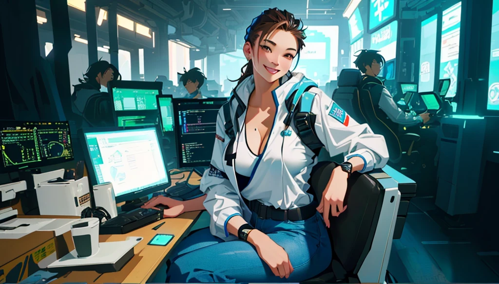 Brown Hair、(Huge breasts)、entrepreneur、Highest quality,masterpiece,original,Plain background,View your viewers,1人のwoman,(alone:1.5),woman,woman、Wearing a cyberpunk costume, Filling this vibrant and colorful scene.smile、It expresses strength and underlying joy....。 This digital illustration is rendered in high resolution...., Artstationではアニメジャンルのmasterpieceとして話題になっている