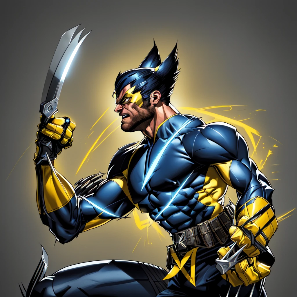 Master Piece, best quality, (extremely detailed CG unity 8k wallpaper), (best quality) 8k detail. wolverine with a three knives coming out of his glove from both hands, wolverine action pose, wolverine, wolverine ate, portrait of wolverine, 90s comic book character design, digitally colored, yellow x-man costume, menacing pose
