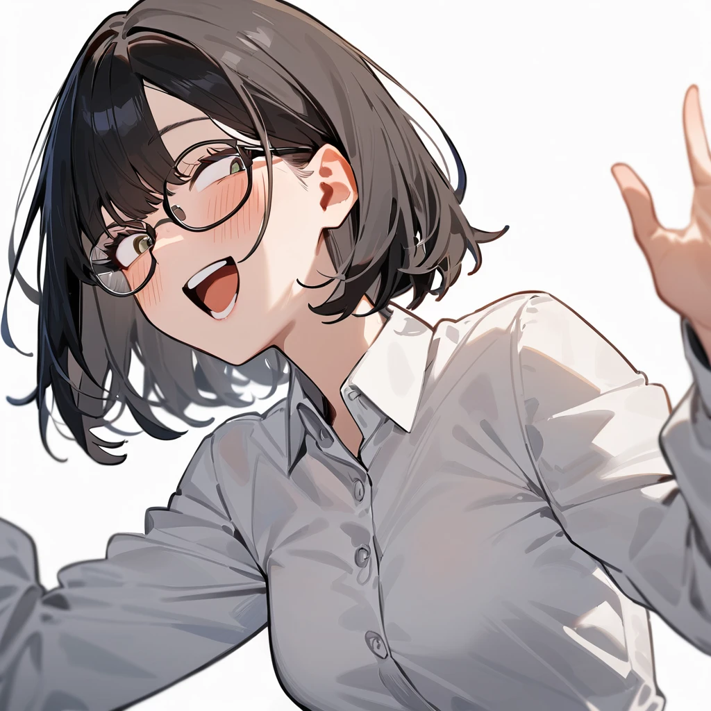 masterpiece, Highest quality, so beautiful, Absurd,
One girl, alone, Black Hair, Bobcut,
Thermont 16A, Glasses, 
Collared shirt、Ecstatic expression、View your viewers,  White Background, Simple Background,
 