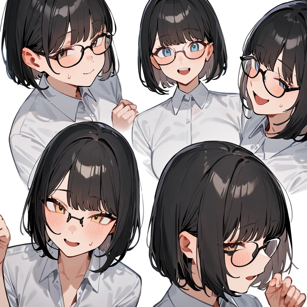 masterpiece, Highest quality, so beautiful, Absurd,
One girl, alone, Black Hair, Bobcut,
Thermont 16A, Glasses, 
Collared shirt、Ecstatic expression、View your viewers,  White Background, Simple Background,
 