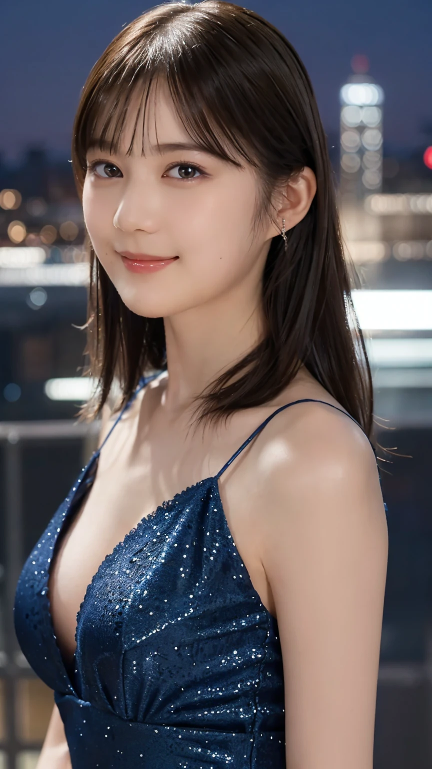 1girl,(wearing a blue evening dress:1.2),(RAW photo, best quality), (realistic, photo-realistic:1.4), masterpiece, an extremely delicate and beautiful, extremely detailed, 2k wallpaper, Amazing, finely detail, extremely detailed CG unity 8k wallpaper, ultra-detailed, highres, soft light, beautiful detailed girl, extremely detailed eyes and face, beautiful detailed nose, beautiful detailed eyes,cinematic lighting,city lights at night,perfect anatomy,slender body,light smile,close up,(long hair with bangs), big breast