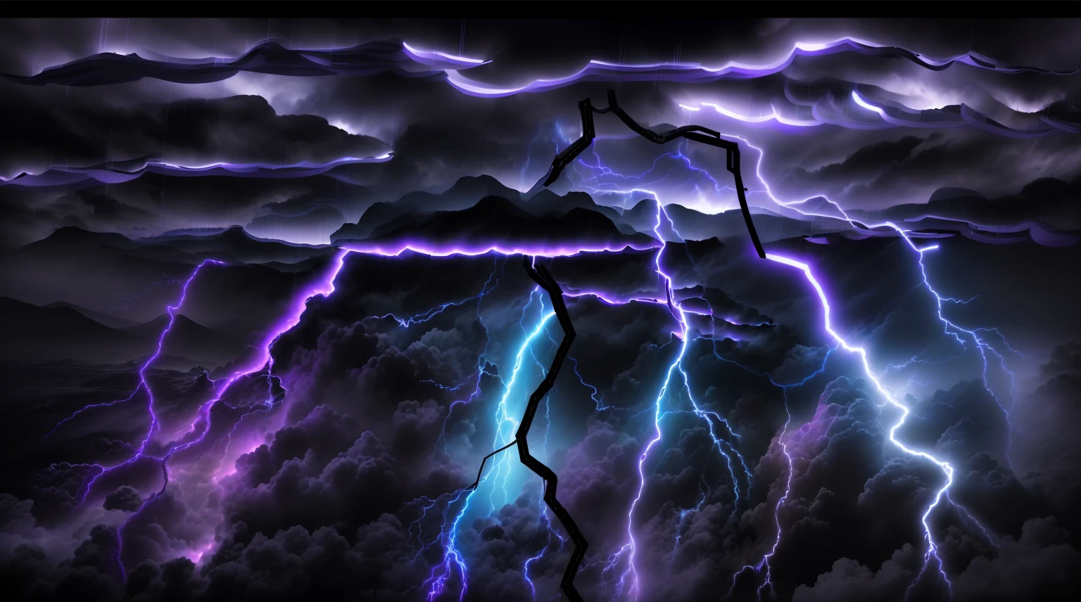cinematic dramatic storm, large impactful lightning bolts, thunderclap sound, dark cloudy sky, moody atmospheric lighting, dynamic motion blur, high contrast chiaroscuro, electric blue and purple hues, photorealistic ultra-detailed 8k