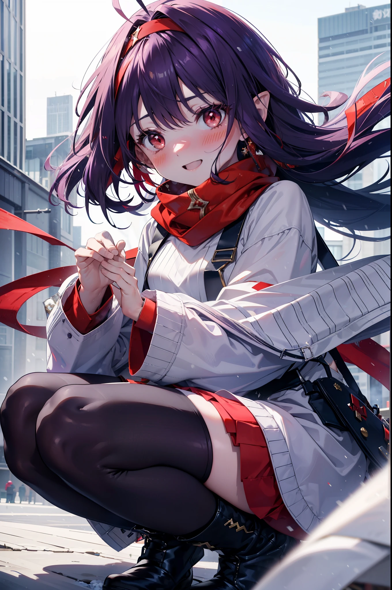 yuukikonno, Yuki Konno, hair band, Long Hair, Pointed Ears, Purple Hair,Ahoge, (Red eyes:1.5), (Small breasts:1.2),blush, smile,Open your mouth,white breath,Tokkuri Sweater,Red Scarf,Purple long coat,Long skirt,Black Pantyhose,short boots,Snow is piling up,it's snowing,whole bodyがイラスト入るように,Walking,evening,sunset,
break outdoors, construction area,
break looking at viewer, whole body,
break (masterpiece:1.2), Highest quality, High resolution, unity 8k wallpaper, (shape:0.8), (Beautiful attention to detail:1.6), Highly detailed face, Perfect lighting, Extremely detailed CG, (Perfect hands, Perfect Anatomy),