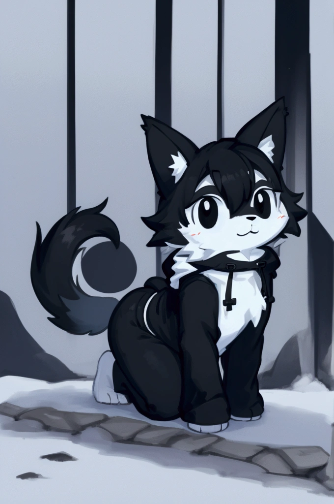White fox, Pink eyes, Tattooed with, womb tattoo, Short hair, Black hair, Sweater men, Girl child, Bisexual males, Furry, Night City, Glowing eyes, no feelings, Long tail, Collar, master piece, puppet, batwings, Shy, White headphones, Fox tail, Top quality, core, Slime core, White body, Name: Snow, Fox tail, Black tail, red fox, 2boy(Snow fox), , Open coat,