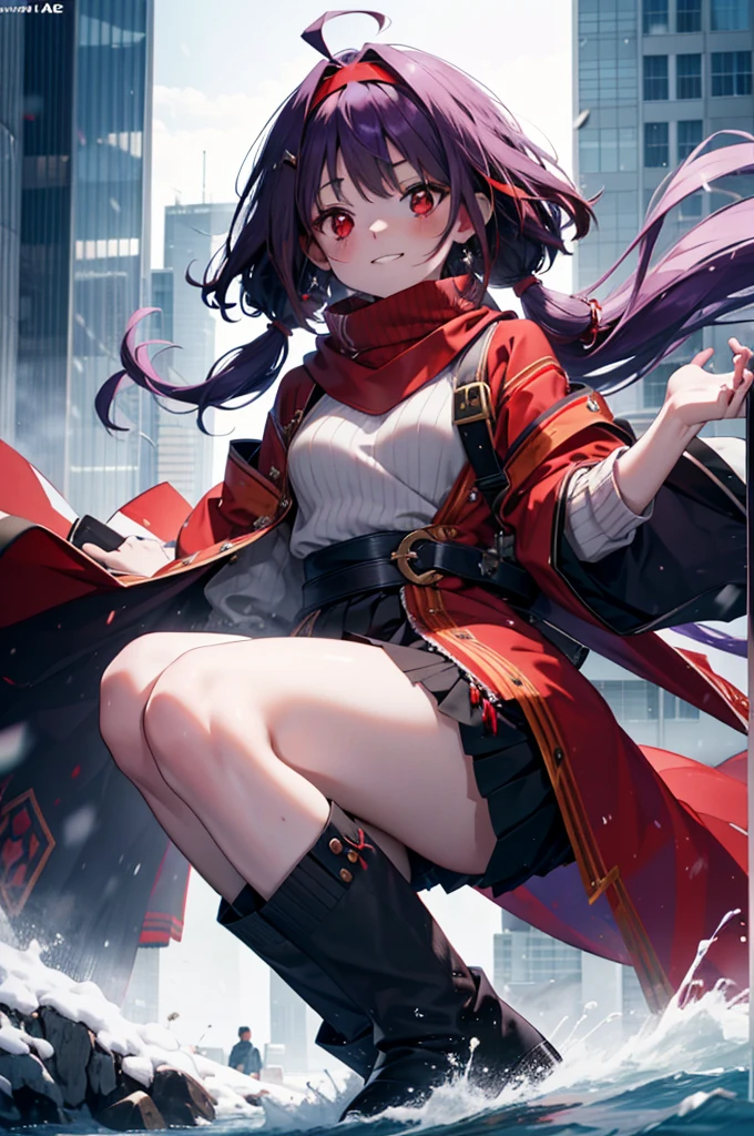 yuukikonno, Yuki Konno, hair band, Long Hair, Pointed Ears, Purple Hair,Ahoge, (Red eyes:1.5), (Small breasts:1.2),blush, smile,Open your mouth,white breath,Tokkuri Sweater,Red Scarf,Purple long coat,Long skirt,Black Pantyhose,short boots,Snow is piling up,it's snowing,whole bodyがイラスト入るように,Walking,evening,sunset,
break outdoors, construction area,
break looking at viewer, whole body,
break (masterpiece:1.2), Highest quality, High resolution, unity 8k wallpaper, (shape:0.8), (Beautiful attention to detail:1.6), Highly detailed face, Perfect lighting, Extremely detailed CG, (Perfect hands, Perfect Anatomy),