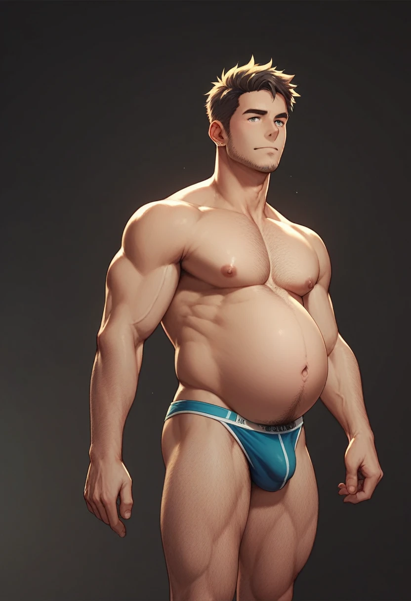 Black male, hairy, speedo, prominent belly, bulged and bloated belly, swollen belly, muscular, tall