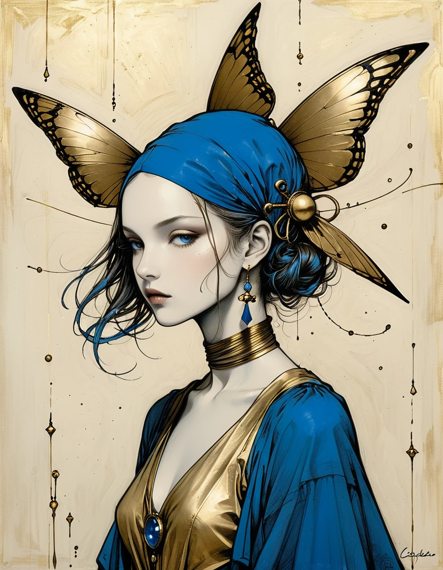 style of santiago caruso，Simple lines and shapes，girl，Gold and blue