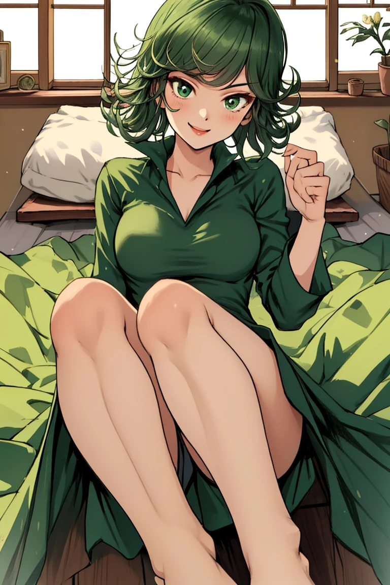 (Masterpiece of Art, best quality specialist), 1 girl , Tatsumaki,showing legs,  Dazzling,  , indoors, Green Mini skirt,whole feet, Green top,  showing feet , 5 Fingers, naked feet , Close to viewer  , smile, another, another, feet  from bellow