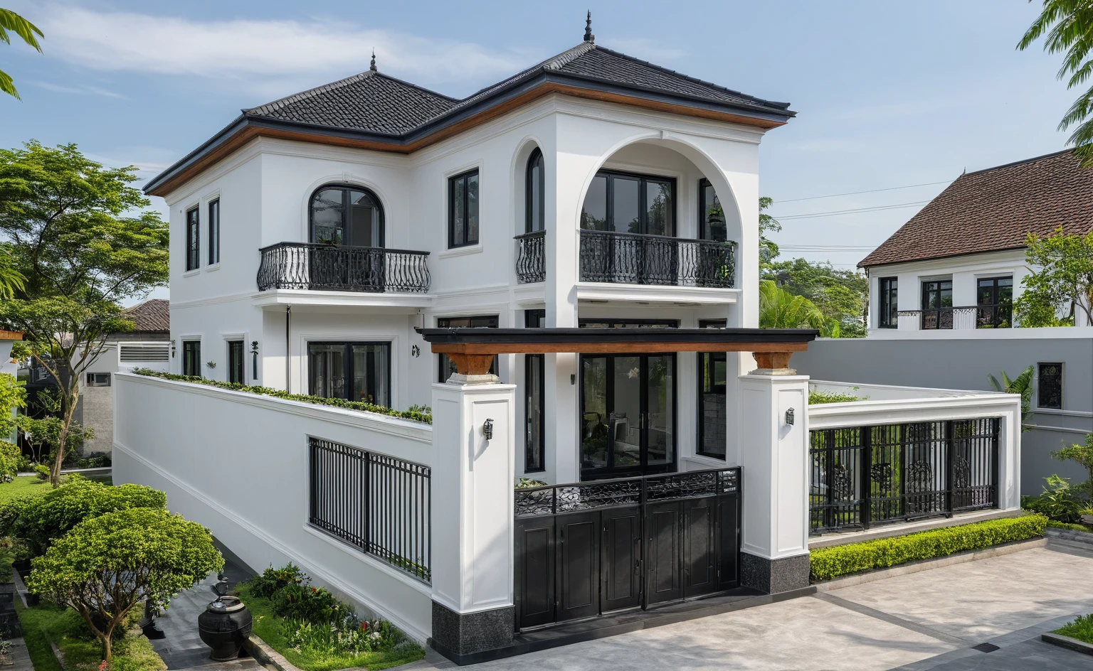 (masterpiece:1.2), best quality, photo of A two-story modern house in VietNam with white walls and dark tiles on the roof., tree and plant environment,black detail and wooden ceiling, daylight, streetcapes, natural light, vivid color, The exterior of an elegant single family home features large windows, a dark gray door frame.