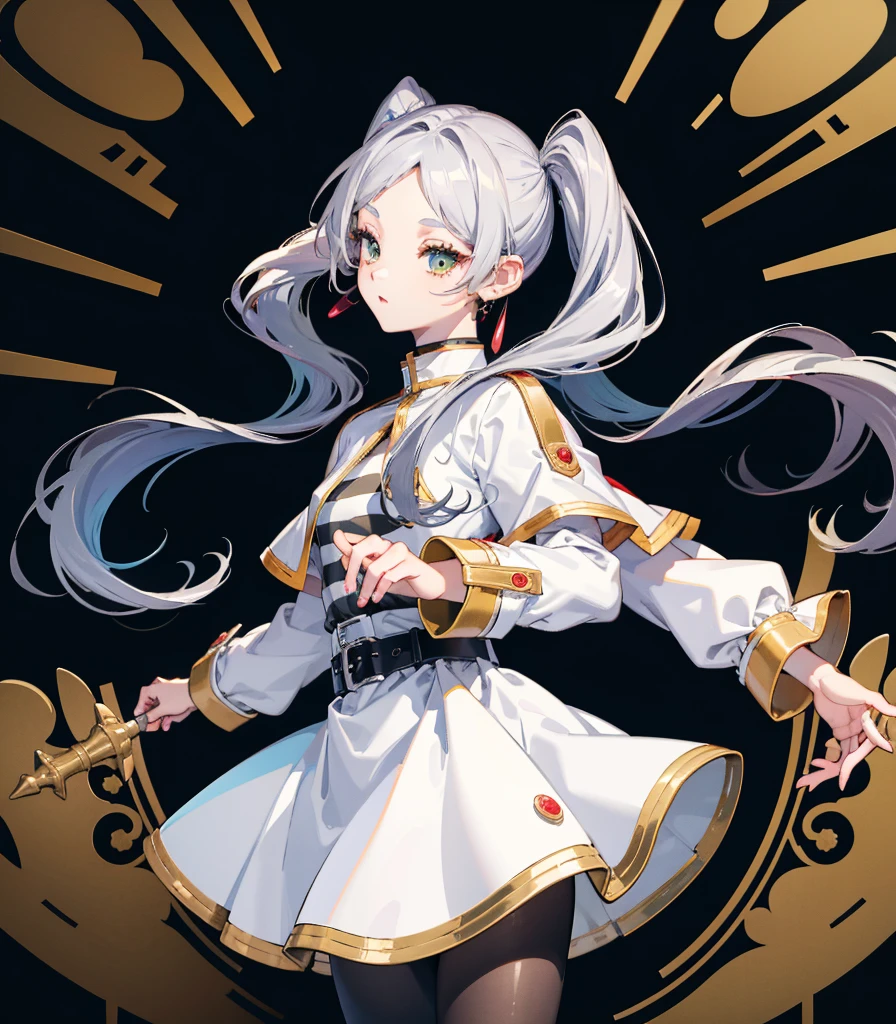((Highest quality)), ((masterpiece)), (detailed), Long Hair, Gray Hair, Twin tails, Pointed Ears, Earrings, Thick eyebrows, White capelet, Striped shirt, Long sleeve, belt, White Skirt, Black Pantyhose High resolution Holding a walking stick magic circle Shining Background,freeze