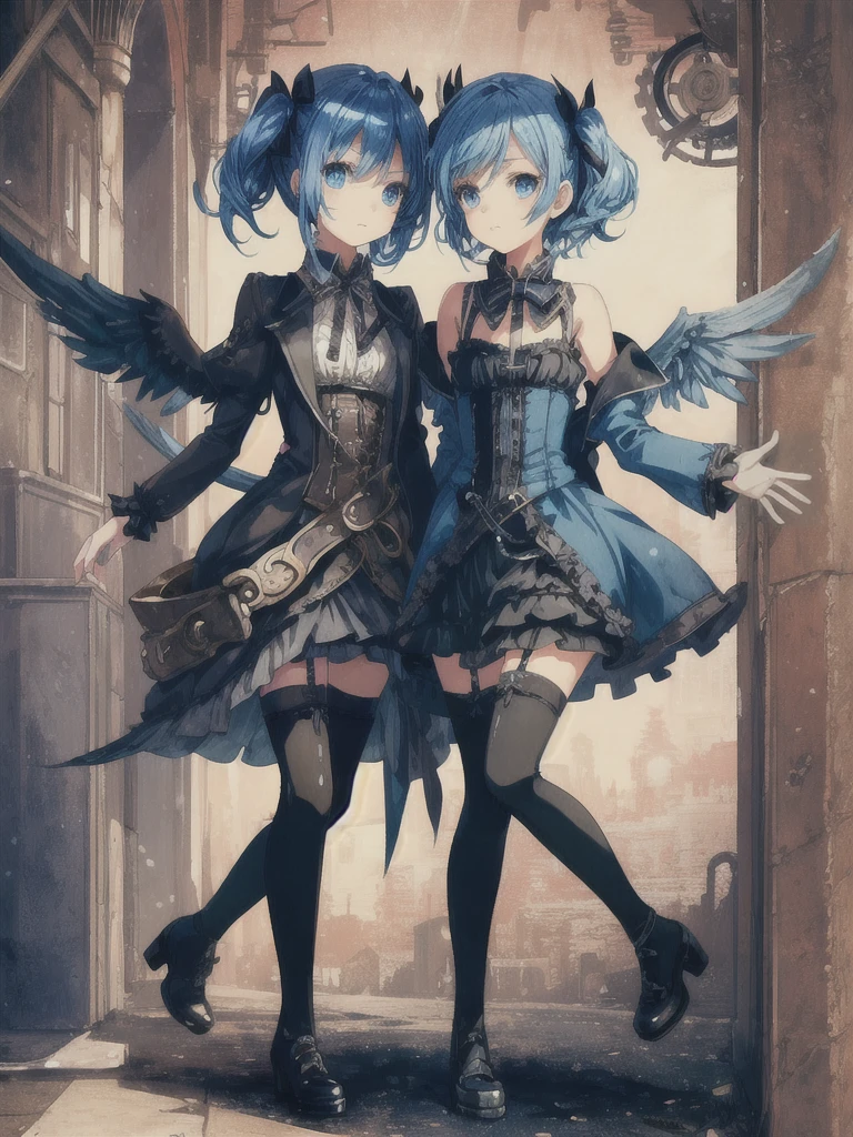 Two cute  dark angel girls with blue, blue hair are close friends in a steampunk town. two cute 6 year oangel girls, big attractive eyes and long eyelashes. They are wearing cute steampunk dresses with lots of ribbons, lace and frills. Noble, big big jet black wings and black angel rings. Fantastic light-filled world with watercolor and moe anime textures, cute, soothing, steampunk background and steampunk world, high angles, highest quality, best picture quality.