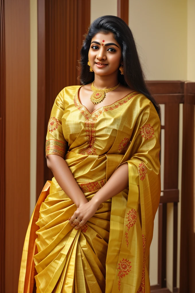 "A beautiful Kerala woman adorned in traditional clothes for the Onam festival, with her hair gracefully decorated with flowers, wearing a traditional mundu with no blouse, celebrating the rich cultural heritage of Kerala."