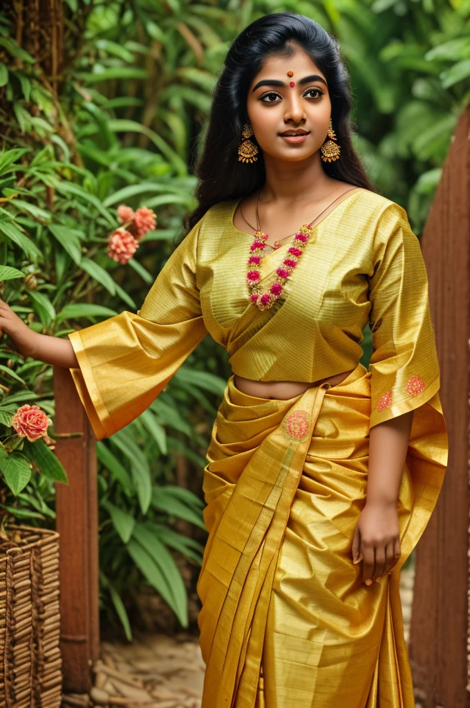 "A beautiful Kerala woman adorned in traditional clothes for the Onam festival, with her hair gracefully decorated with flowers, wearing a traditional mundu with no blouse, celebrating the rich cultural heritage of Kerala."