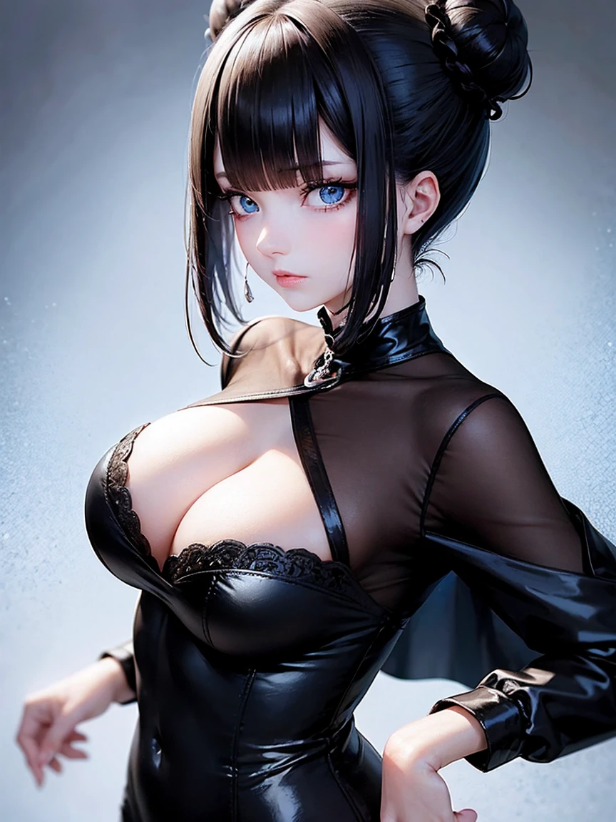 raven black hair in a high ponytail, crystal blue eyes, sassy 25 years old,  busty, cleavage, unbuttoned , skirt, standing, coy smile,  parted lips, (blushing:1.3), looking invitingly at the viewer, facing the viewer, livingroom background, leaning forward on table, (pov), glowing eyes, necklace, earrings, nsfw, 