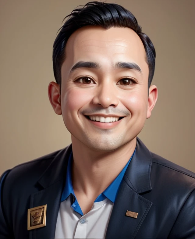 Create a 3D animation of a big-headed cartoon caricature. a 30 year old Indonesian man with short, slightly wavy black hair brushed back, round head facing forward, oval face with a strong jawline, thick straight eyebrows, almond-shaped brown eyes, a straight nose with a slightly rounded tip, symmetrical lips, and a slight friendly smile, wearing a solid blue shirt. Gradient blue background with professional lighting. masterpiece, top quality, highly detailed skin and face, ultra-realistic, high definition, studio lighting, sharp focus, full body view, Concept Art, 3D rendering.
