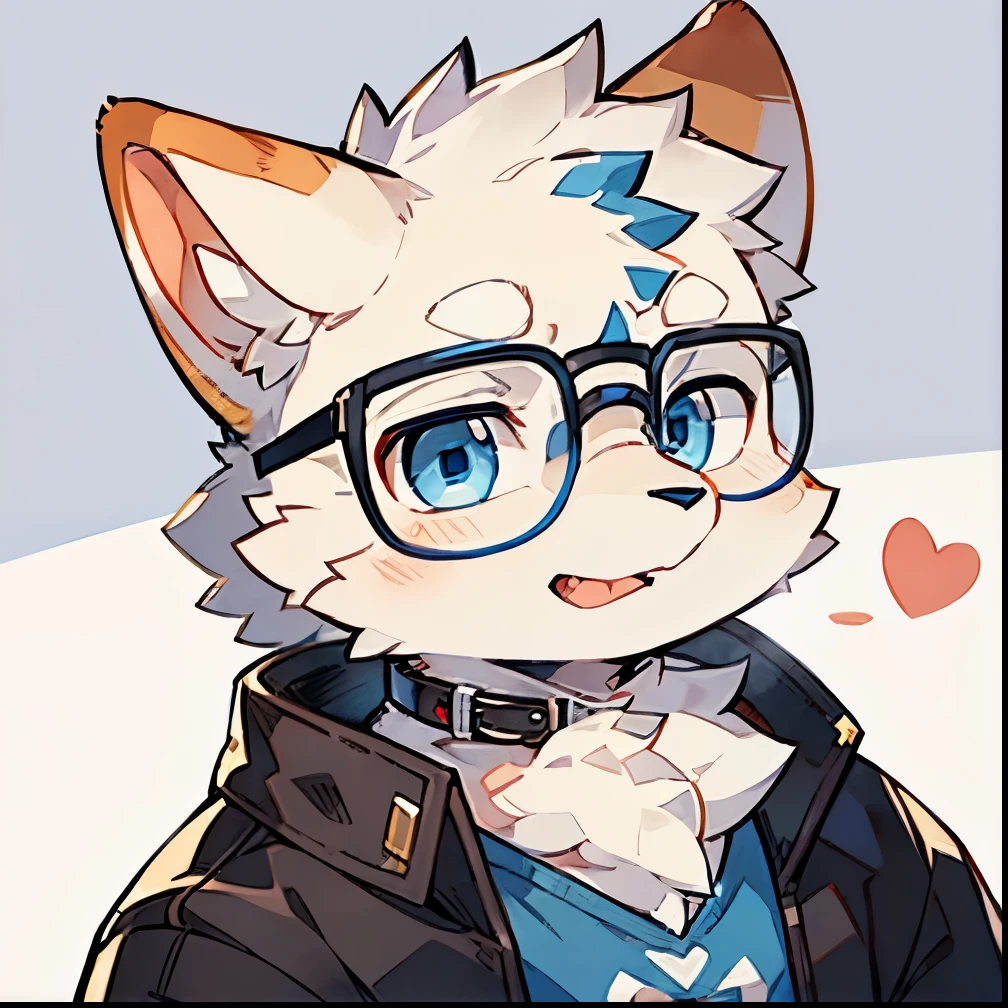 A man in casual clothes and glasses，A 12-year-old with dark blue eyes，The white fur orc dog has a dog collar around its neck，A little bit fat，Stick out your tongue，Pretending to be loving，Cute cartoon style