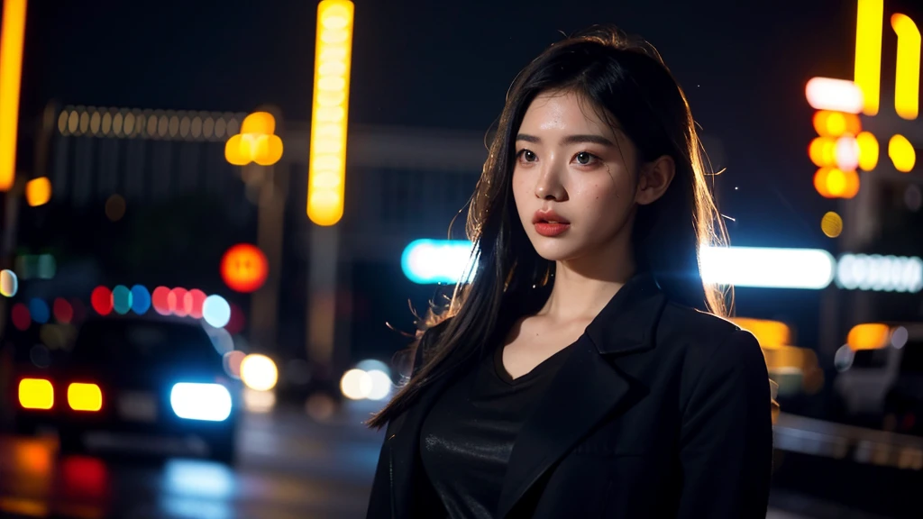 (Cinematic Aesthetic:1.4) Photo of a beautiful girl fashion model bokeh city night
