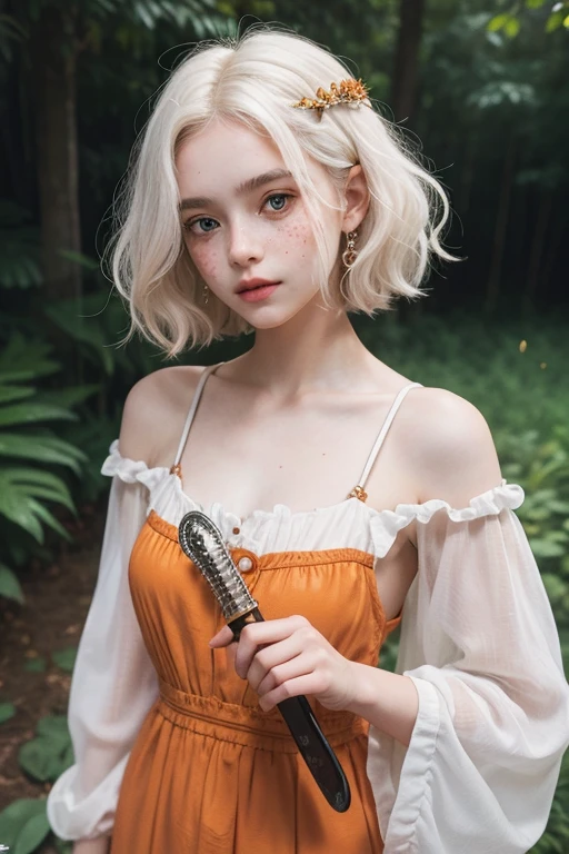 a young girl of 18 years, with , He has short, curly white hair.. she is very pretty, with Slavic skin and freckles, and she is wearing a long orange dress from the Victorian era. It is located on a hill, holding a medieval sword.