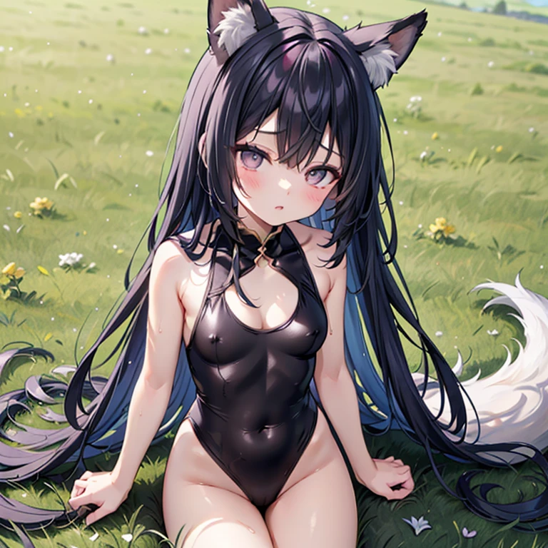 (Fox Girl, Fox Ears, Black Hair, Fox Makeup, One Girl, Long Hair:1.6), (Red leotard, I can see her cleavage, Skin is visible:1.8), (Body measurements are 75-60-75!, Young girl body, Small breasts, Small breasts, Emphasize the chest:1.9), Avatar, face, lewd face, Dominant representation, naughty face, Uplifting, Skin Texture, outside, Grassy field