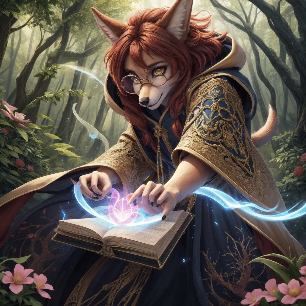 breathtaking (best quality, masterpiece, detailed, 8k)
RAW, realistic cinematic photo, Angelic female anthro furry jackal, bard, detailed fur, red fur, narrow muzzle, sultry yellow eyes, slit pupil, red hair, Textured long bob, black nails, wearing ornate robes, opulent magical equipment, green hooded cloak, small round glasses, carrying spell book, dynamic action pose, close up, A gate composed of interwoven vines and flowers, representing the connection between nature and magic, casting spells, defending against attackers, posed in misty forest battle, Mesmerizing (Radiant Aura:1.2), shot from dynamic angle, (masterpiece, award-winning, professional, HDR)