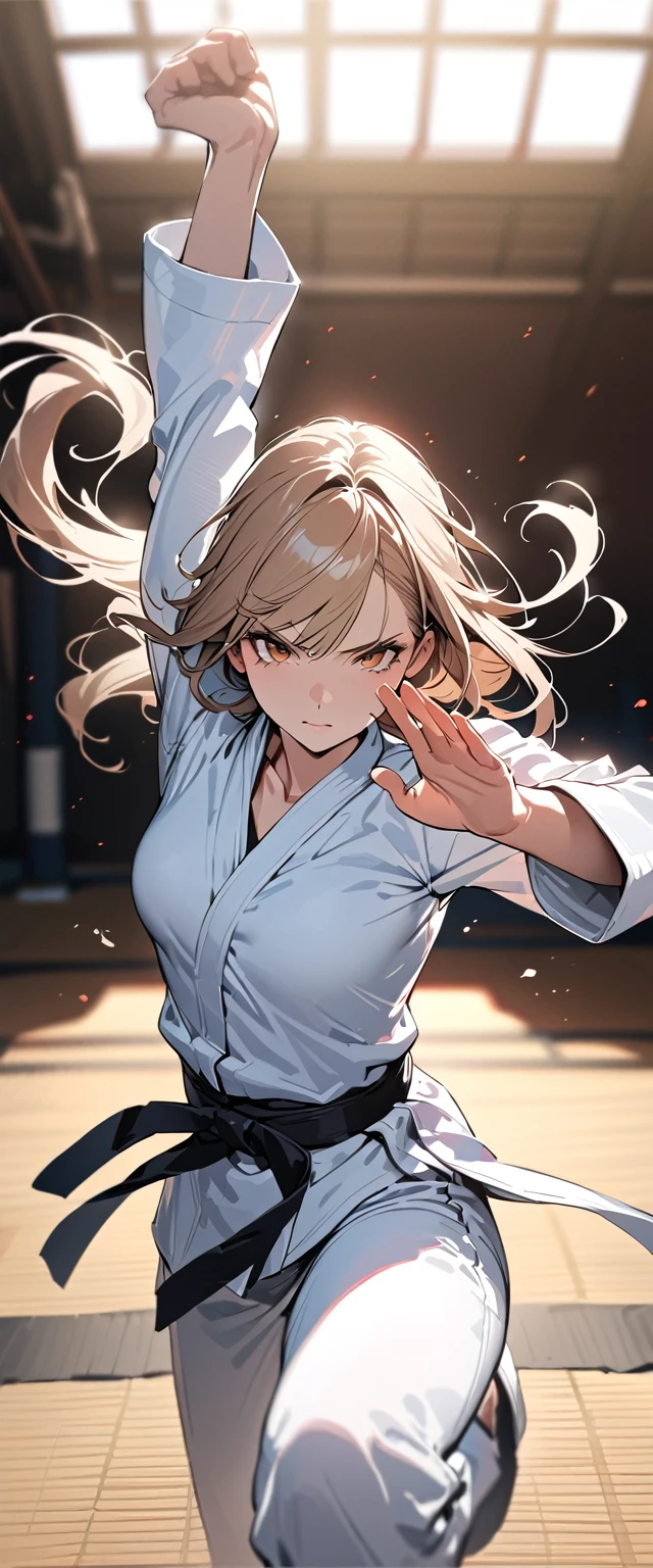 (masterpiece),(Highest quality),(Super detailed),(High resolution),(Highest quality),(An illustration),8k,One female,Girl,Beautiful Skin,Beautiful Face,,Serious,Wearing a karate uniform,Karate Dojo,Karate kata,dynamic,(Hand,detailed,perfect,perfection,hands)