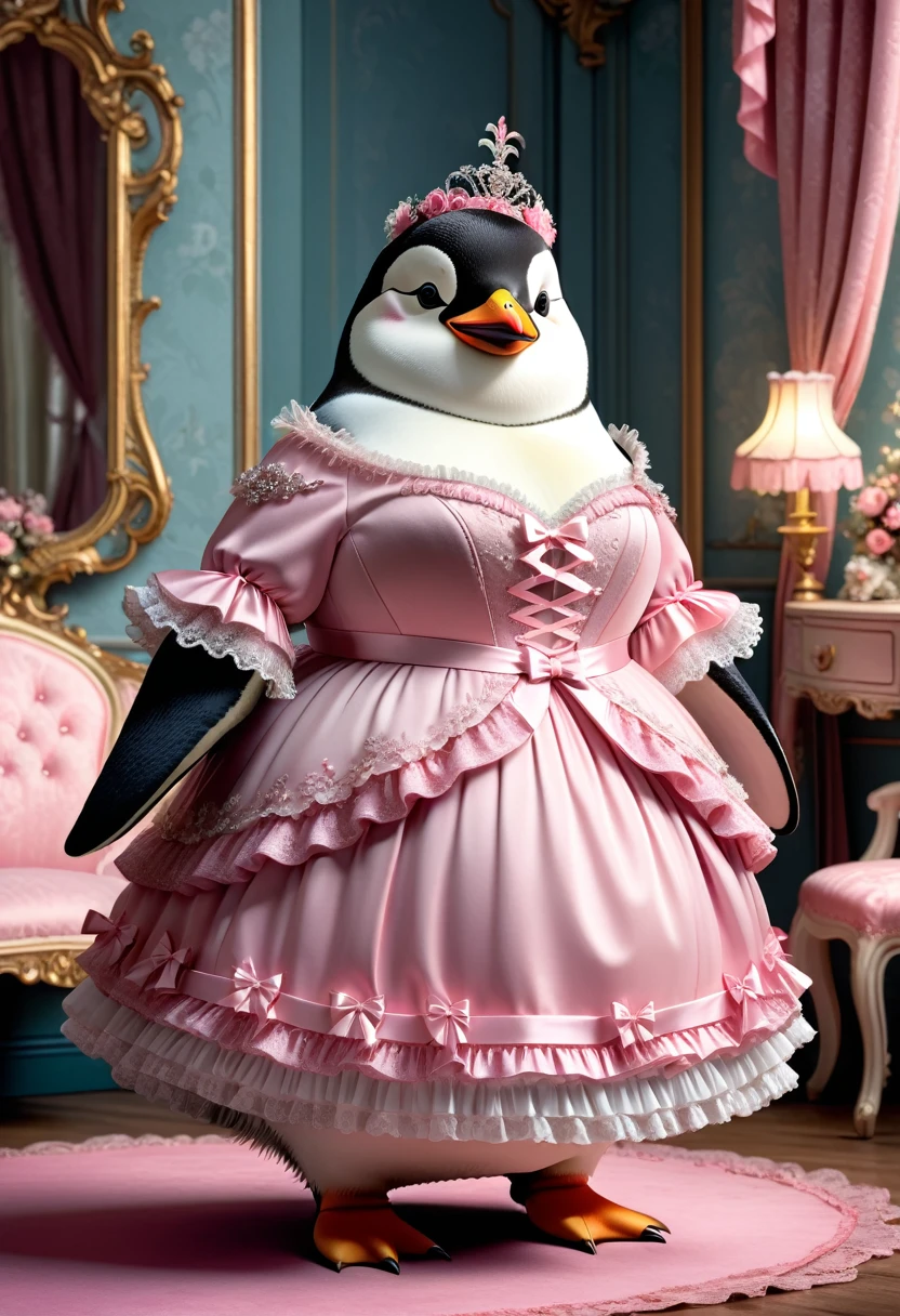  photorealistic portrait of Dressed animals-a ((fat)) ((penguin)) princess,(), (elegant pose:1.5), (hands on hips:1.5),(smile:1.5),high quality,(),(lovely) ,intricate details, Wearing Gothic & Lolita pink dress , ( brim on head), highly detailed ((dress with  frills and ribbon)) ,highly detailed accessories, high sox , (happy), soft lighting,(full body image:2.0),in  Rococo style room background,,score_9, score_8_up, score_7_up, score_6_up, score_5_up, score_4_up,