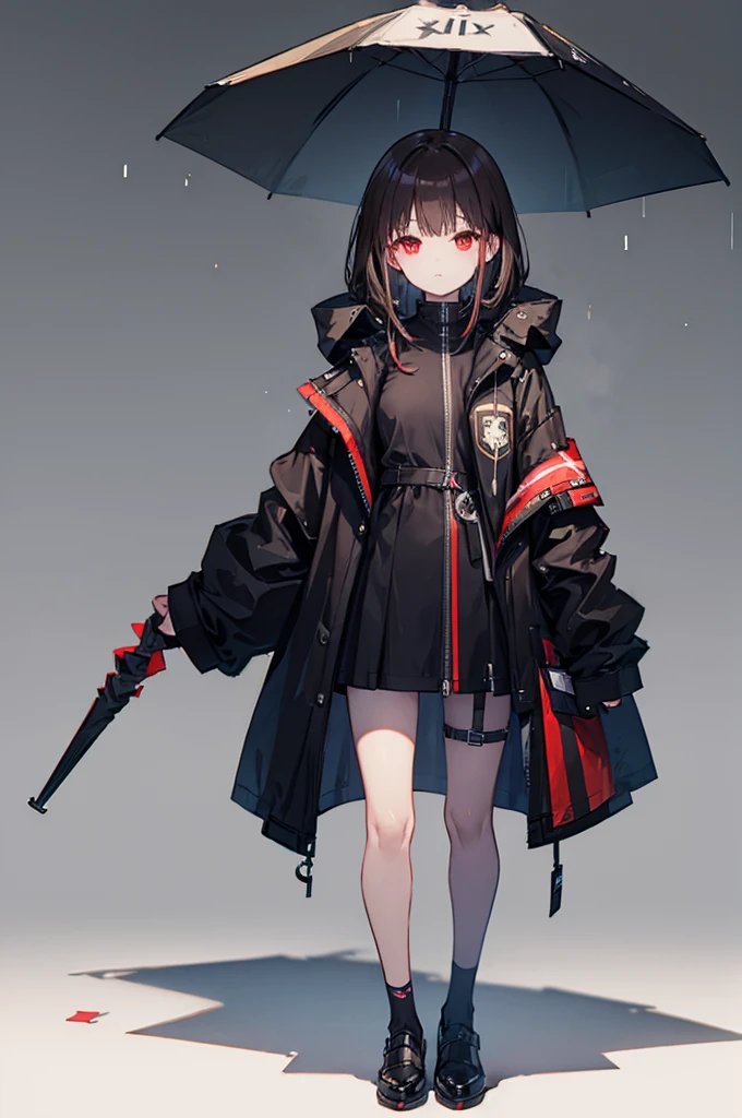 masterpiece,The best quality at its best、Lightless Eyes、Lightweight black coat、Leather shoes、Brown Hair、The bangs are long and reach the eyes、Holding an umbrella、Red eyes、Eyes are thin、whole body、Standing posture、suit、male、rain